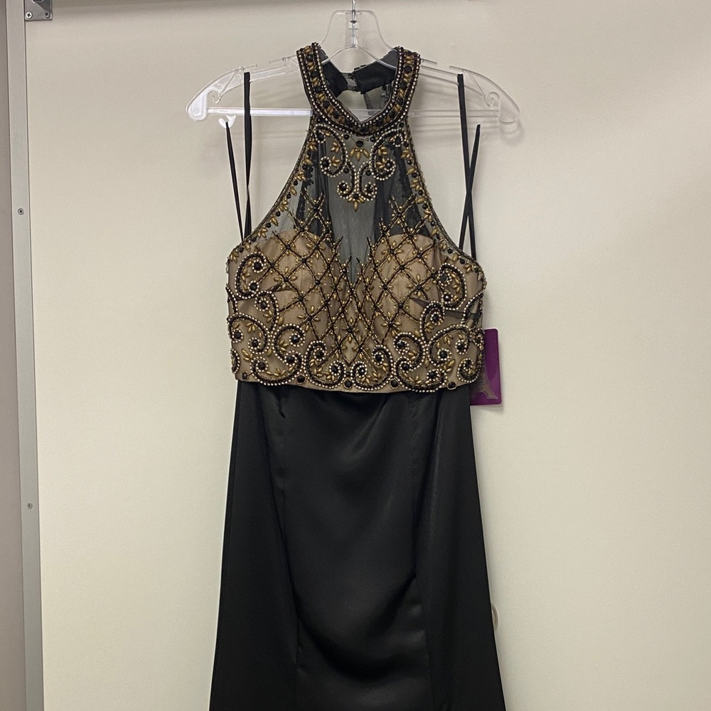 Elegant Two Piece Black and Gold Halter Dress